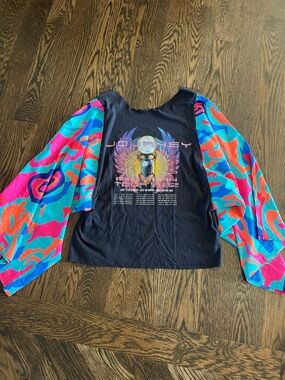 Journey Graphic Long Sleeve Women Top Black with Multicolor Sleeves one of kind